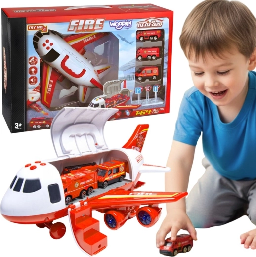 WOOPIE Feuerwehr-Transportflugzeug mit 3 Fahrzeugen und Verkehrsschildern