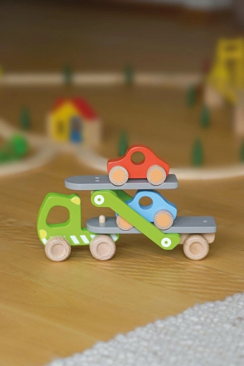 Holz-Autotransporter mit klappbarer Rampe und 2 Autos - 1 Stück