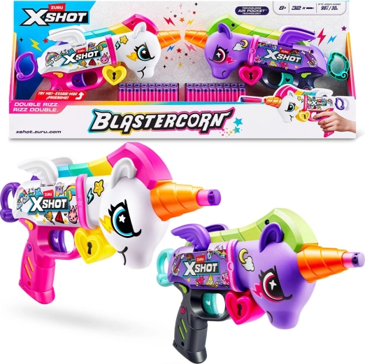 X-Shot Blastercorn – Einhorn-Blaster, Set mit 2 Stück und 32 Pfeilen