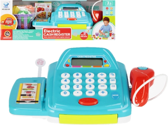 Blaue elektrische Kinderkasse mit Zubehör