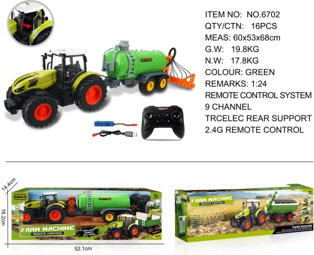 Ferngesteuerter Traktor mit grünem Tankanhänger und Heuschieber 1:24