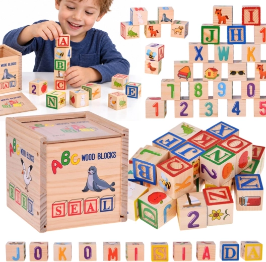 Holz-Lernbausteine mit englischen Buchstaben, Zahlen und Bildern