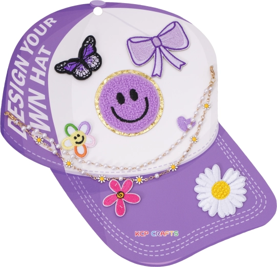 Dekorative Accessoires für eine Cap – lila Smiley und Blumen mit Perlenkette