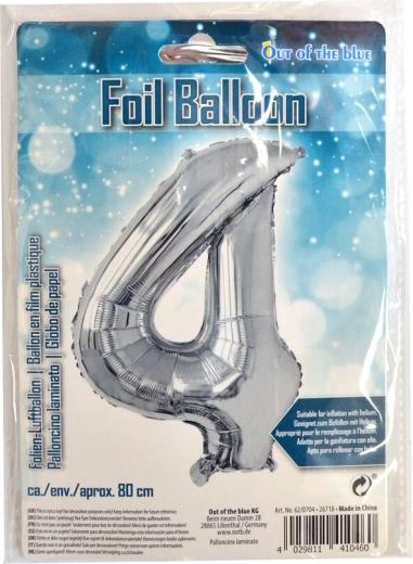 Silberner Folienballon Zahl 4, 80 cm