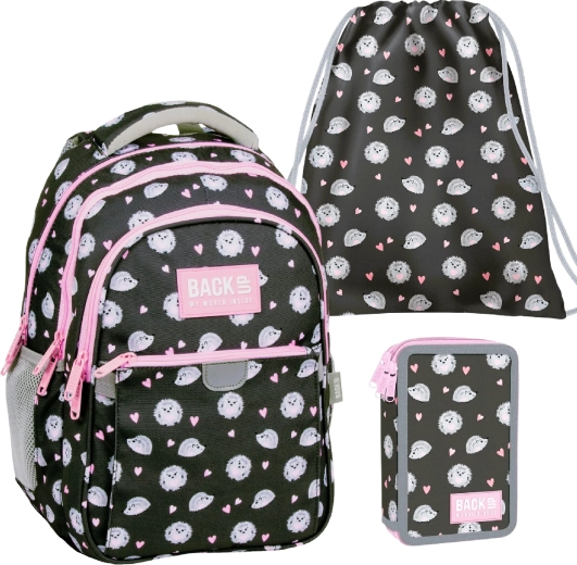 BackUP Schulset Süße Igel 3-in-1 – Rucksack, ausgestattetes Federmäppchen und Turnbeutel