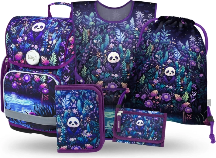 Schulset 5-tlg. BAAGL Ergo Jungle Panda – Schultasche, Federmäppchen, Turnbeutel, Schürze und Geldbörse