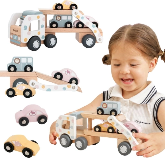 Holz-Autotransporter VIGA PolarB mit 3 Autos und Fahrer