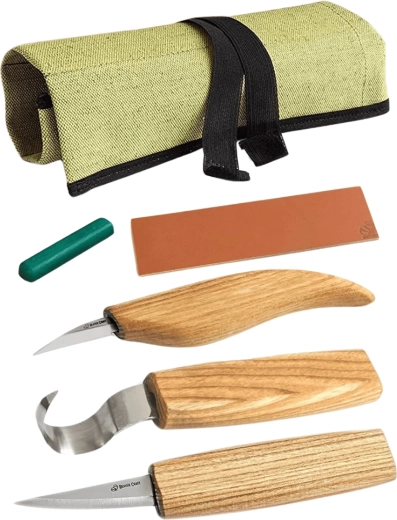 BeaverCraft Schnitzset für Löffel und Schalen mit Zubehör (3 Messer im Roll-Etui)