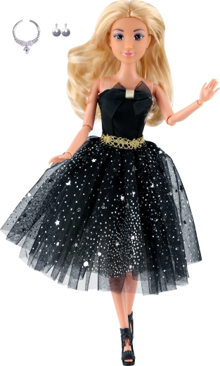 Modische Puppe im kurzen schwarzen Abendkleid