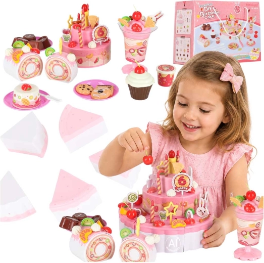 Kinder-Geburtstagstorte zum Schneiden mit Klettverschluss, mit Musik und Licht, 117 Teile, rosa