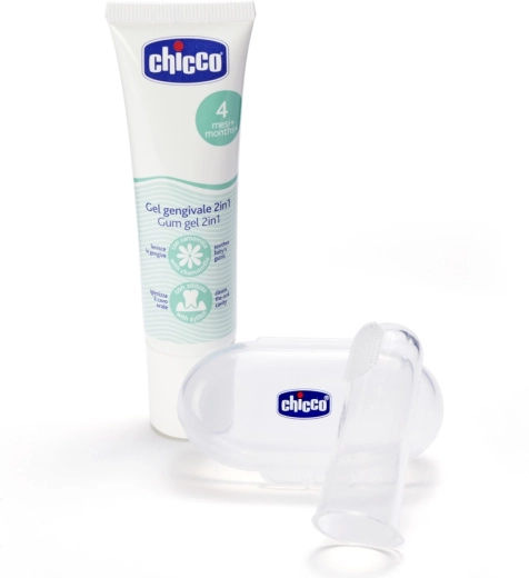 Chicco beruhigendes Gel für das Zahnfleisch und Silikon-Fingerzahnbürste mit Etui für Babys 4M+