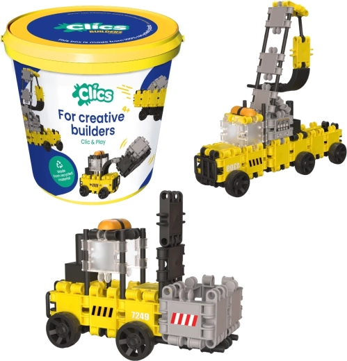 Clics Baukasten Baumaschinen 5-in-1 im Eimer, 144 Teile