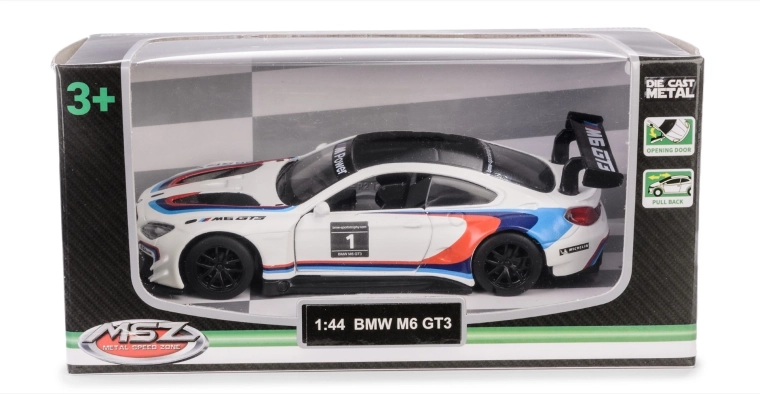 Modell BMW M6 GT3 1:44 mit zu öffnenden Türen und Pull-Back-Mechanismus