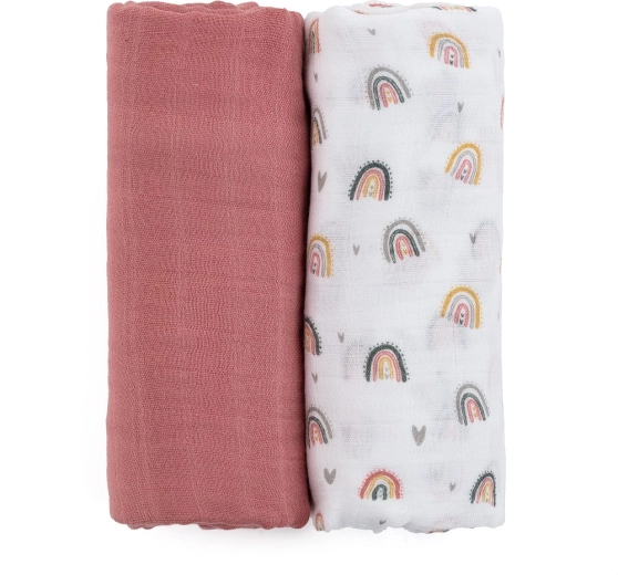 Bambus-Musselin-Pucktücher 2-in-1 Misty Rose Rainbow 120 × 120 cm – Petite&Mars (2 Stk.)