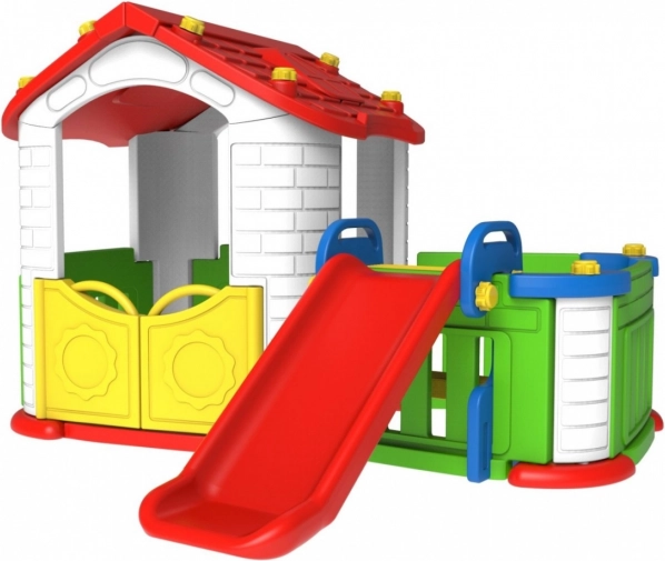 Kinder Gartenhaus 3-in-1 Rot mit Rutsche und Zaun