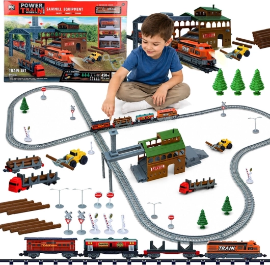 Elektrische Eisenbahn mit Sägewerk und Kran, 3 Waggons, Gleise 450 cm (60 Teile)