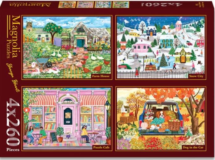 Magnolia Puzzle – Landgut, verschneite Stadt, Zauber-Café und Hund als Beifahrer (4×260 Teile)