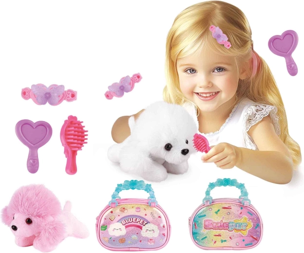 Plüschhündchen in einer Handtasche mit Zubehör – 1 Stück