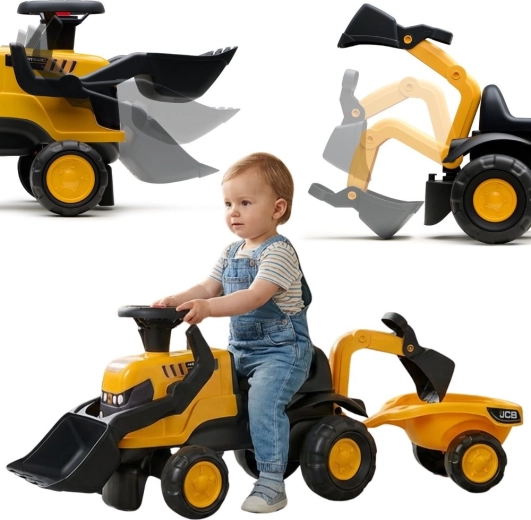 Laufrad-Traktor JCB mit Anhänger, Schaufel und Harke für Kinder von 1–3 Jahren
