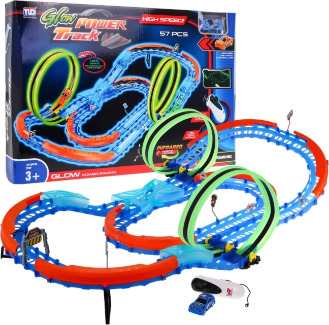 Leuchtende Rennbahn + LED-Auto + 360-Loopings + faltbare Strecke – 57 Teile
