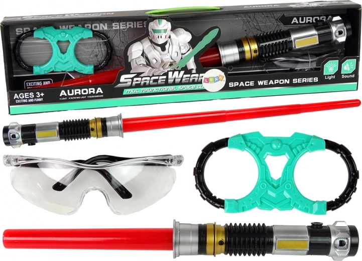 Kosmisches Set: Lichtschwert mit türkisfarbenem Licht und Schutzbrille mit Sound