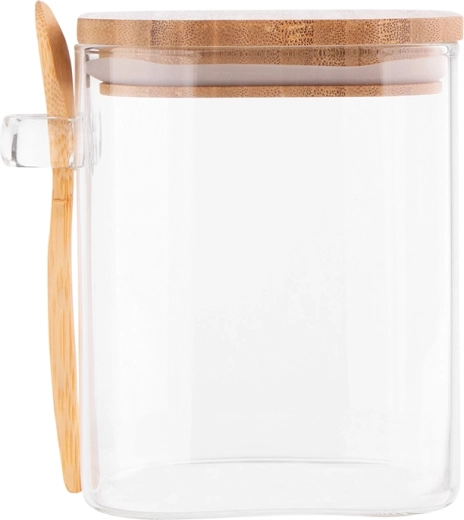 Quadratische Dose aus Borosilikatglas 800 ml mit Bambusdeckel und Löffel