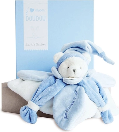 Geschenkset Doudou – Plüsch-Schnuffeltuch blauer Bär 24 cm