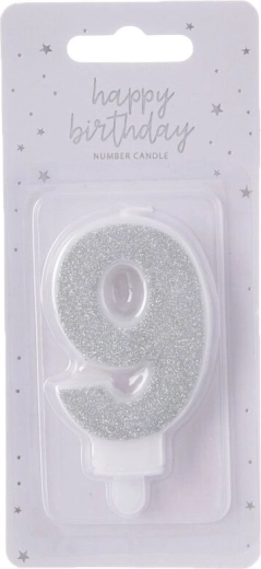 Silberne Tortkerze Zahl 9, 7 cm