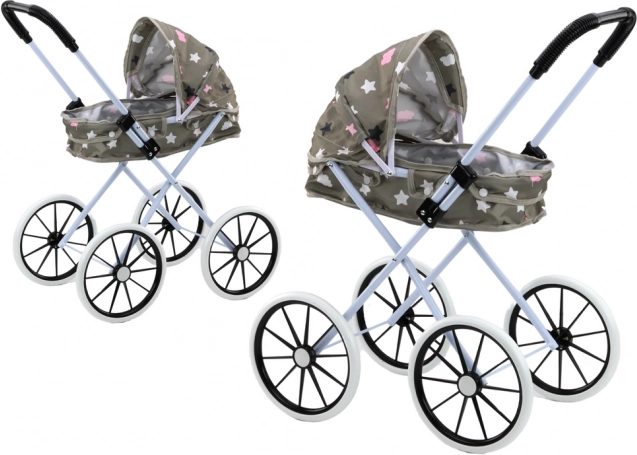 Puppenwagen mit klappbarem Verdeck, große Schaumräder, grau mit Sternchen