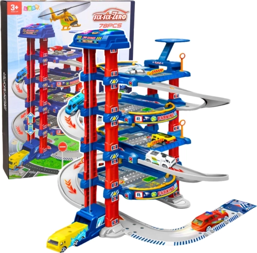 Großes mehrstöckiges Parkhaus mit elektrischem Aufzug und Rennstrecke für Spielzeugautos