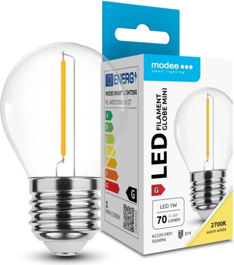 Modee LED-Filament-Mini-Glühlampe G45 1W E27, warmweiß 2700K, 70 lm