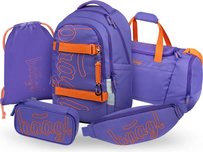Baagl Schulset 5-tlg. Skate Max Orange – Rucksack, Federmäppchen, Beutel, Sporttasche und Gürteltasche