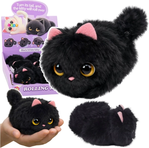 Plüschiges schwarzes Kätzchen mit drehendem Schwanz und Quietscher, Anhänger 9 cm