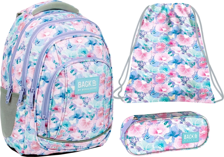 Schulset BackUP Frühlingsblumen 3-in-1 – Rucksack, Federmäppchen und Turnbeutel