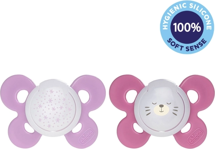 Chicco Schnuller Physio Comfort Nacht Silikon 16–36 M, Mädchen, Sterne und Bärchen, 2 Stk.