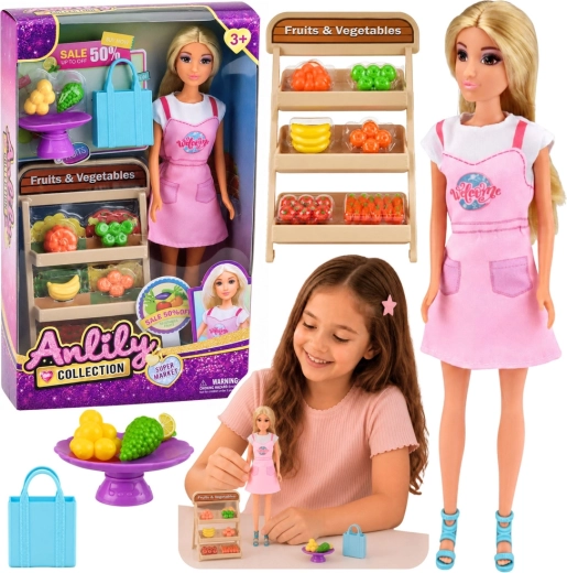 Anlily Puppe – Obst- und Gemüseverkäuferin mit Marktstand und Zubehör