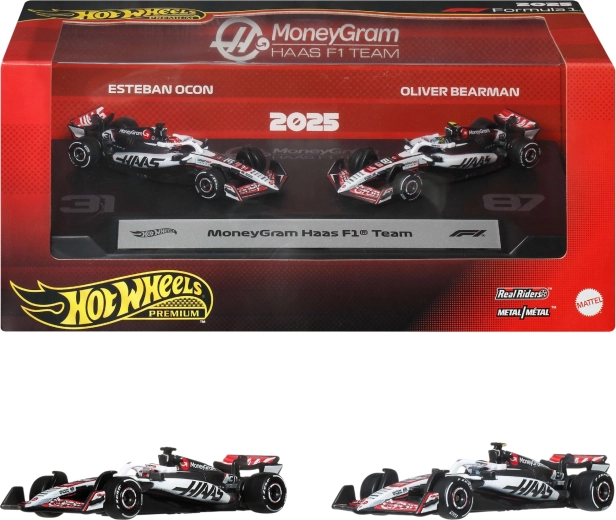 Hot Wheels Premium Formula 1 MoneyGram Haas Set mit 2 Metallmodellen F1 Ocon und Bearman
