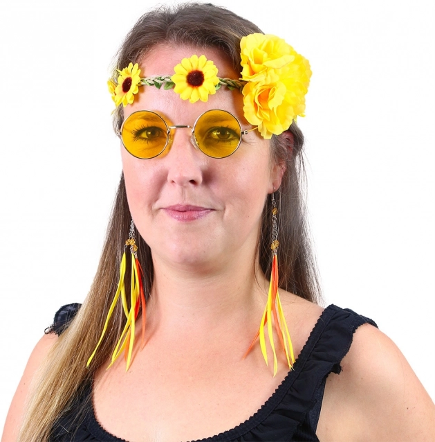 Hippie-Set Gelb - Stirnband, Ohrringe und Brille