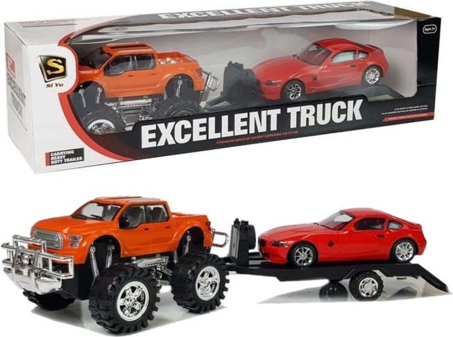 Fahrzeugset: Oranger Monstertruck mit Abschleppanhänger und rotem Sportwagen 58 cm
