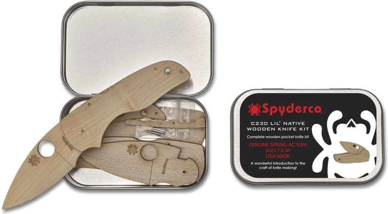 Holz-Bausatz Messer Spyderco Lil' Native in Blechdose