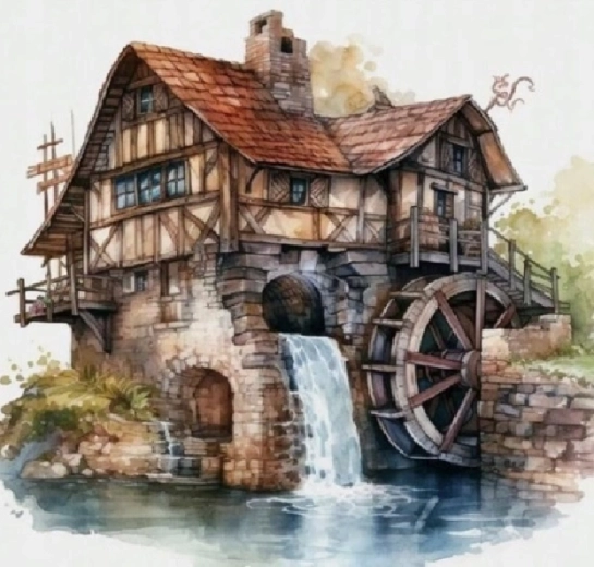Diamantmalerei Alter Mühle am Fluss 30 × 40 cm