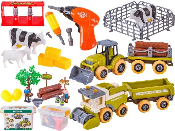 Mini-Farm-Schraubset mit Traktor, Mähdrescher und Zubehör im Koffer
