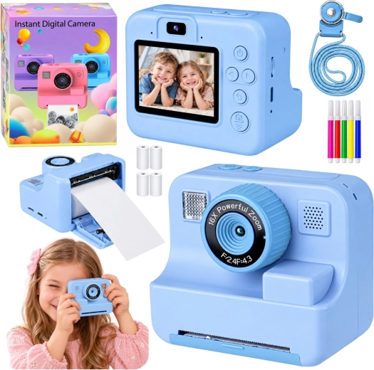 Blauer digitaler Kinderfotoapparat mit Sofortdruck