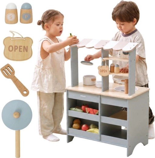VIGA PolarB Holzspielküche und Kaufladen 2 in 1 mit Zubehör
