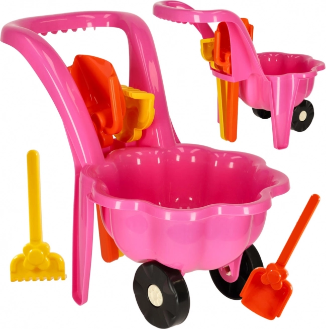 Rosa Kinder-Schubkarre Stokrotka mit Sandspiel-Set – Schaufel und Harke