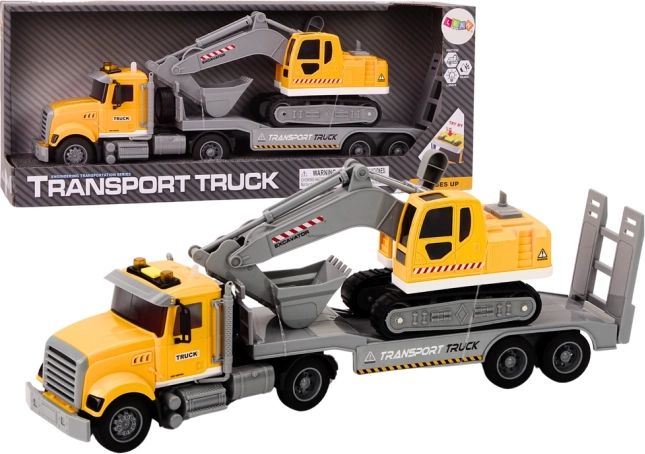 Gelber Lastwagen mit Kettenbagger mit Lichtern und Geräuschen