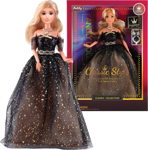 Modische Puppe im Abendkleid – lang, schwarz