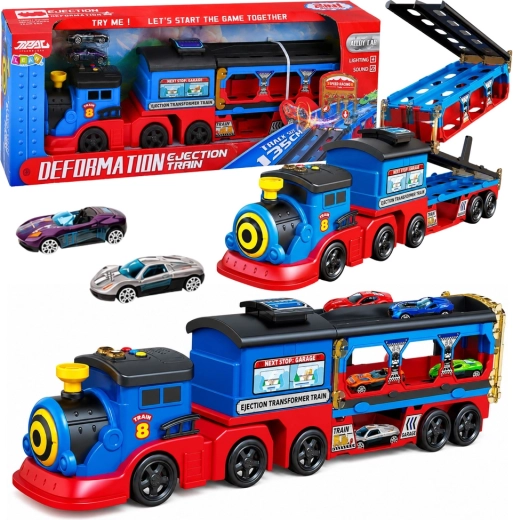 Lokomotive Autotransporter mit Rampe und Abschussmechanismus, Licht und Sound