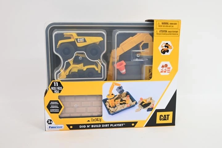 CAT Baustellenfahrzeuge mit Sand-Knetmasse im Koffer