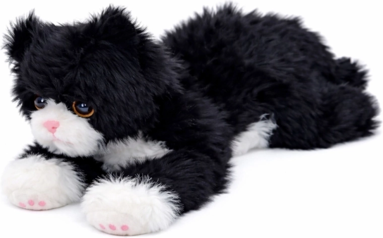 Plüschkatze liegend schwarz‑weiß 38 cm